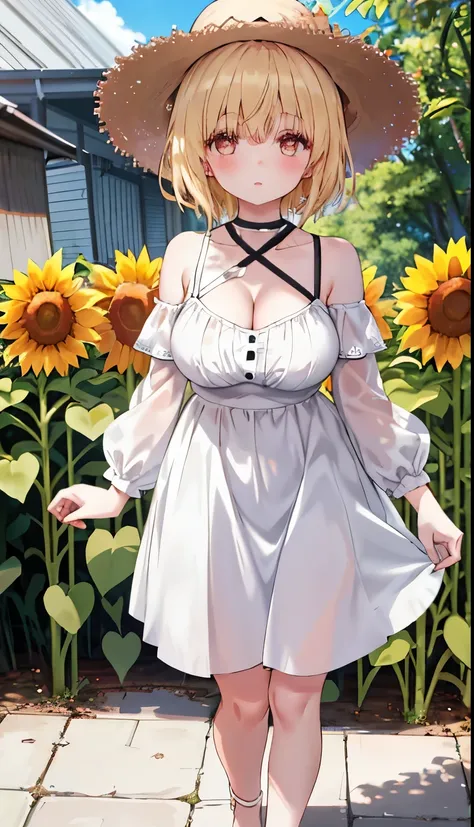 One Girl、Blonde、Shiina Mayu、positive、Standing posture、Full body portrait、Medium Haircut、blush、Absolute area、No panties、No bra、barefoot、White dress、Off-the-shoulder dress、(Very large breasts)、Cleavage、((Lesbians around the world))、masterpiece、(highest quali...