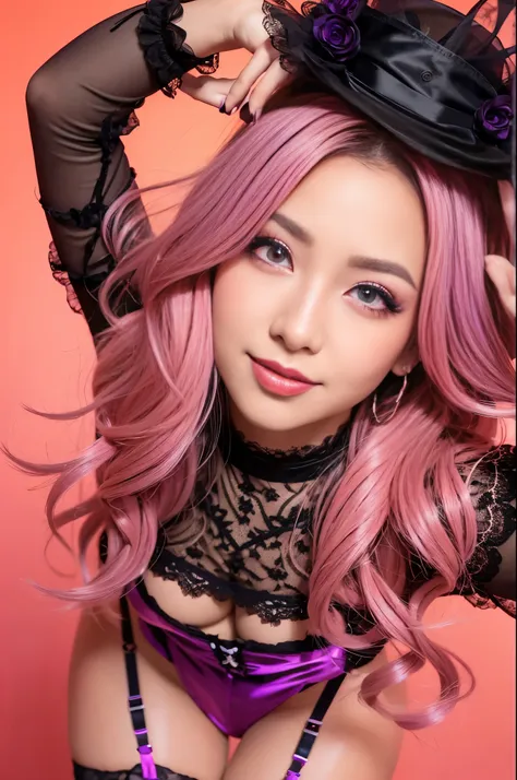 ultra realistic girl, orange and pink ombre background, closeup, lip-gloss, long lashes, lipstick, defined eyebrows, ultra detailed metallic eye-makeup, halloween, goth, gyaru, purple flowing hair, garter belt, cute lack lace underwear, sweet and sexy, sed...