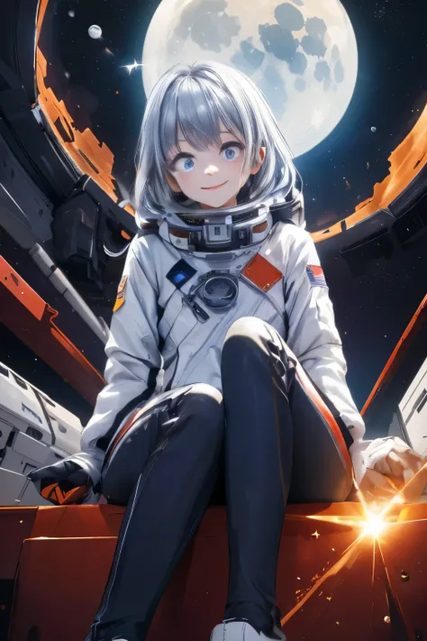 Astronaut, sitting on a moon-like surface, with a spaceship in the background, wearing a silver-white spacesuit, holding a tablet with stargazing data, smiling at the vast, starry sky, with a subtle glow of Stellara-infused light around her, gentle crater ...