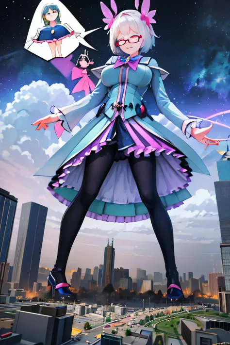 giantess art, highly detailed giantess shots, giantess, most detailed, perfect face, Two legs, Five fingers, A beautiful girl who is bigger than a skyscraper, short hair, Wearing rimless glasses, smile, huge breasts, blue base magical girl dress, bow, magi...