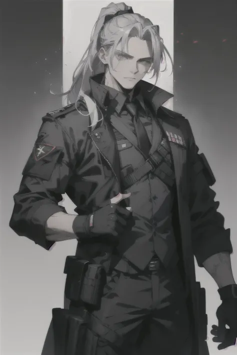 Young mature male，tall and big，Calm temperament。Silver hair，There are bangs on the forehead，Tie your hair into a high ponytail。 Eyes are dark red，The eye shape is narrow and long，Sneering expression。 wearing a black combat uniform，Carrying a bullet on the ...