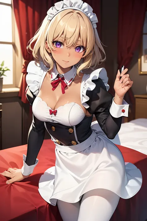 (Tabletop, highest quality, Super detailed), One Girl, Purple eyes, Blonde Hair, Dark Skin, Short Hair、Perm Hair、((White Pantyhose))、(Bedroom)、((Maid clothes))、Long skirt、((Panties))、Medium chest