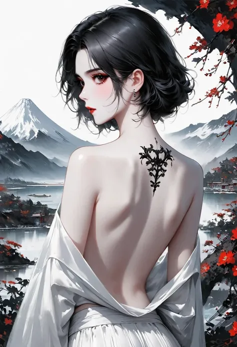 (Lots of white space:1.5)，(Lots of white space around:1.6), White background, simple, Minimalism, abstract,Freehand，Aesthetic，black and white，Ink Painting，antiquity，a mountain，A distant Back，(Back:1.7),A beautiful artistic illustration, author：Li Song, Art...