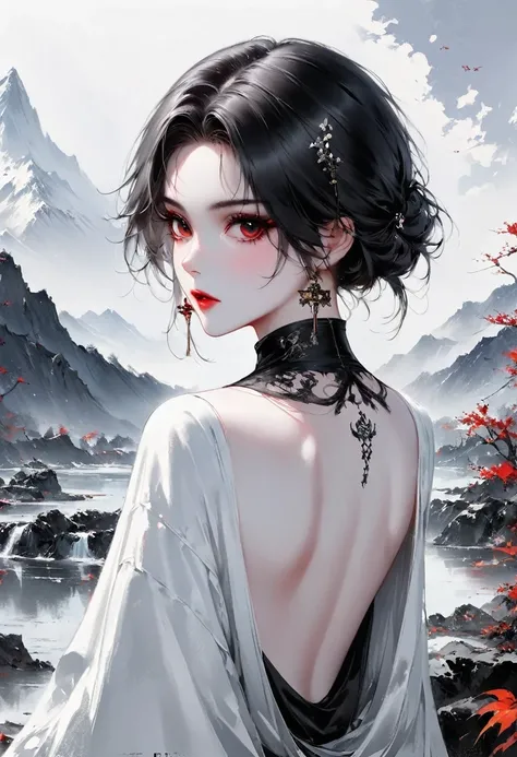 (Lots of white space:1.5)，(Lots of white space around:1.6), White background, simple, Minimalism, abstract,Freehand，Aesthetic，black and white，Ink Painting，antiquity，a mountain，A distant Back，(Back:1.7),A beautiful artistic illustration, author：Li Song, Art...