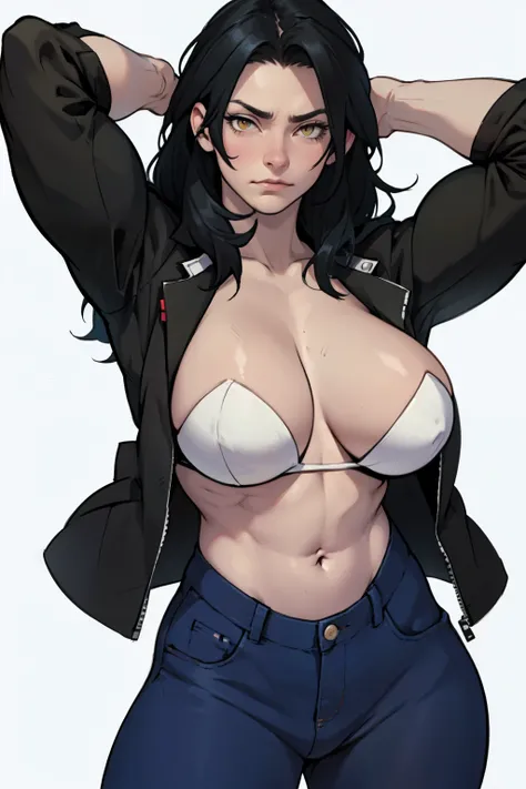 swole girl black hair yellow eyes pale skin disappointed anatomically correct breasts highest quality 