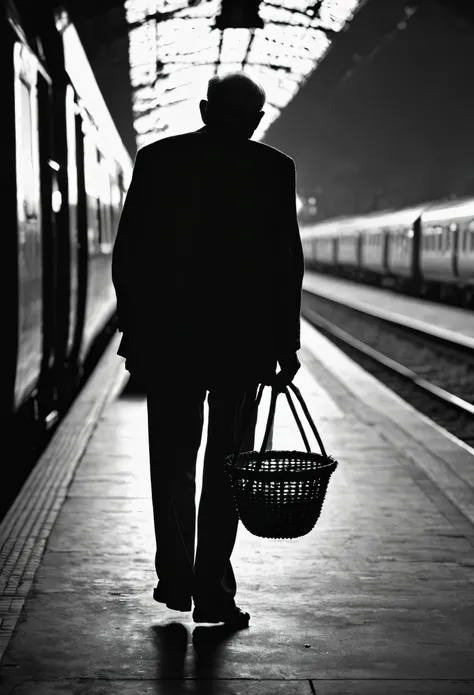 a silhouette of an elderly man back view,bent over, carrying a basket of oranges on a railway platform. the setting is a dimly l...