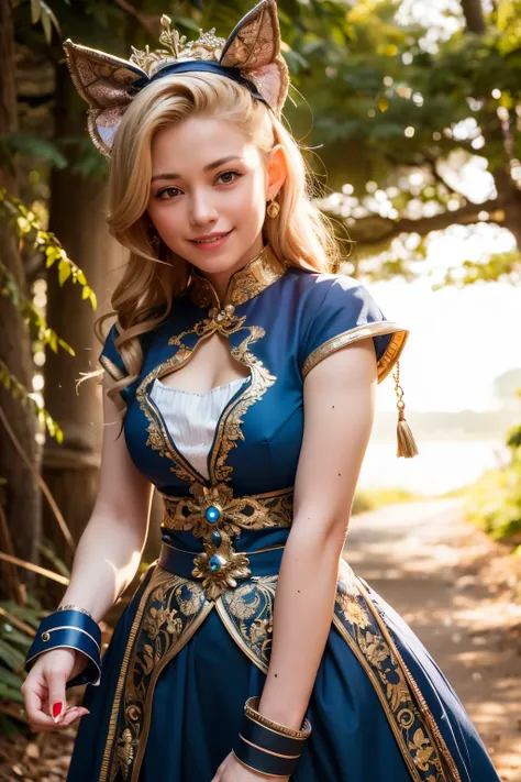  Elf,(8k, RAW Photos, highest quality, masterpiece:1.2),Super detailed,blonde,blue eyes,RPG,princess,smile,battledress,moving,in forest,she has bow