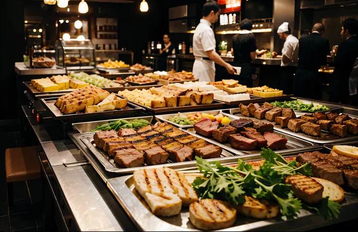 Catering buffet food indoor in restaurant with grilled meat.focus on food