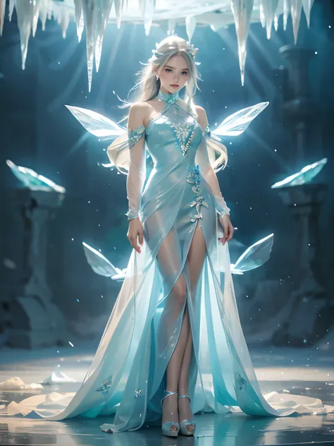 full body from legs to face , blue eyes, ultra detailed eyes, ultra detailed pretty face , light blue hair , blue and white clothes, realistic clothes, detail clothes ,full body image ,Frost Goddess,Frozen fluid ,Ice World,ice,Translucent clothing,blue nai...