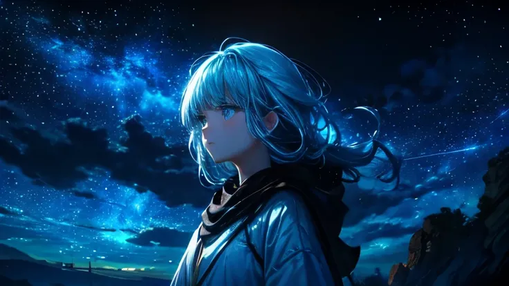 1girl, night, stars, galaxy, astronomy, stargazing, telescope, celestial, astronomer, astrologer, starry, beautiful, dreamy, ethereal, wispy hair, celestial body, (long hair), (pastel blue eyes), mesmerizing gaze, serene expression, serene, calm, gentle, p...