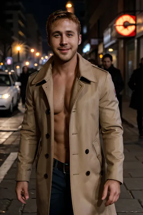 Ryan gosling is walking shirtless in a paded coat on a City Street. He got attention. He smile. He just wear the paded coat with no Shirt inside.