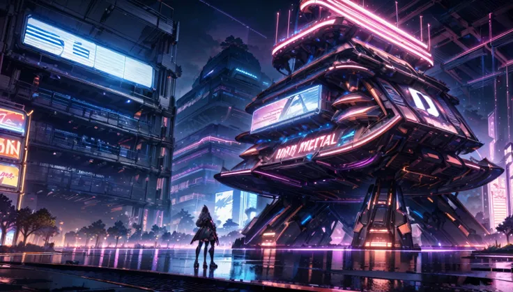 science fiction lanscape, tree made of metal, gigantic structure, nighttime, a lot of neon lights, mythical structure, grand metal tree, neon lights instead of leafes, fantasy, high techa, perspective, atmospheric perspective, wide shot, highres, 8k, best...