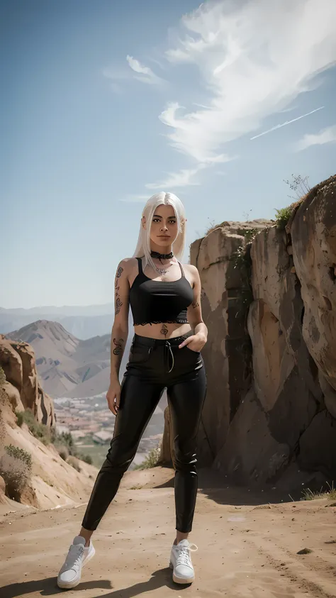 ((mejor calidad)), ((obra maestra)), (detallado),((cartoon)),a young girl with tied white hair with red eyes, con ropa braga_black tattoos on left arm with tight pants_color oro, zapatilla color negro mirando al cielo ,con paisaje futurista