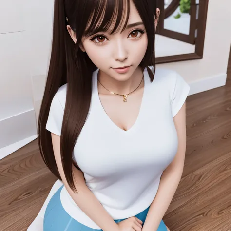 high quality, 4k, Frame, Close-up portrait of a brunette woman in white shirt and light blue skirt, Photorealistic rendering of anime girl, Cute 3d anime rendering , April renderings, Vtuber anime full body model, Full body fairy, live2d virtual YouTuber t...