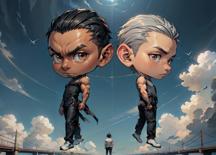 1boy, two boys, Calm face, brown eyes, high-cut hair, black hair, gray hair, muscular, bulky, black shirt, sleeveless, ((black slacks)), black brogue shoes, blue sky, cloud