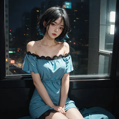 High quality, 16k, 8k, HD, best quality, black and cyan hair color, short hair, perfect face, beautiful, without makeup, restless face, looking out the window, nighttime, midnight, quiet, cyberpunk, nightgown, midnight, feeling uncomfortable, oppai