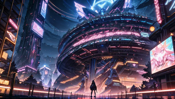 science fiction lanscape, tree made of metal, gigantic structure, nighttime, a lot of neon lights, mythical structure, grand metal tree, neon lights instead of leafes, fantasy, high techa, perspective, atmospheric perspective, wide shot, highres, 8k, best...