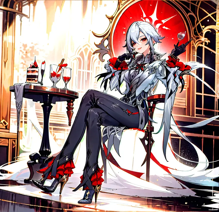 1girl, arlecchino (genshin impact), black gloves, grey tailcoat, black pants, grey vest, grey shirt, high heels, light smile, looking at viewer, sitting, full body, crossed legs, holding food, chair, table, cake, garden, outdoor, depth of field