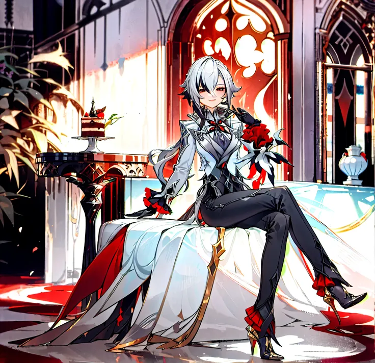1girl, arlecchino (genshin impact), black gloves, grey tailcoat, black pants, grey vest, grey shirt, high heels, light smile, looking at viewer, sitting, full body, crossed legs, holding food, chair, table, cake, garden, outdoor, depth of field