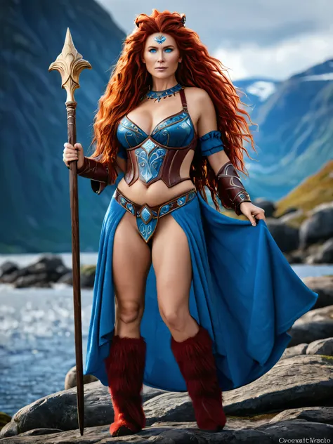 Full body Portrait of the Great Nordic Queen, a very gorgeous woman, 50 years old, thick healthy body, erotic warrior costumes, dark red styled fluffy hair, natural Blue eyes, a nose with a bump, an elongated chin, dressed in ancient national,
8k resolutio...