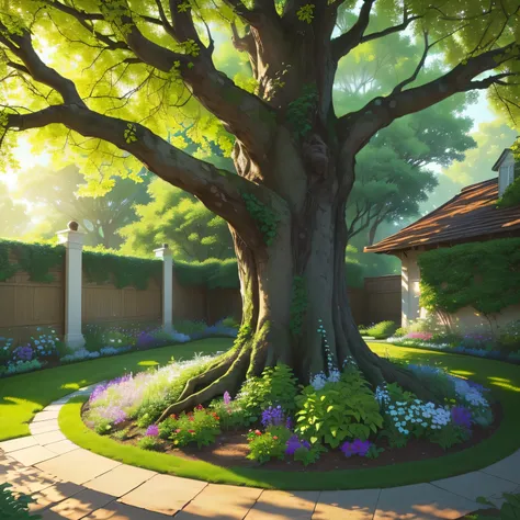 A beautiful, detailed tree standing gracefully in a garden. Its branches stretch elegantly, adorned with lush green leaves that sway gently in the breeze. Sunlight filters through the foliage, casting warm, dappled patterns on the ground below. The trees b...