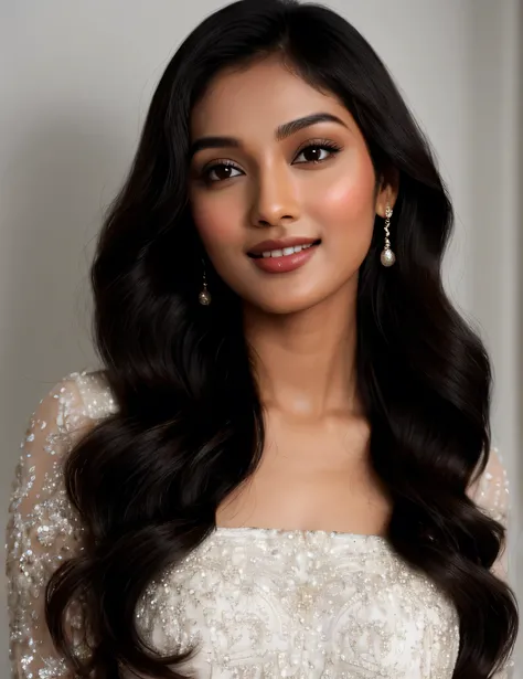 indian actor Nyantaras charming face glows with a fair complexion, high cheekbones, and a broad smile. Her almond-shaped eyes are expressive, with dark brown hues highlighted by subtle makeup. Straight nose, full lips, and soft waves frame her features. St...