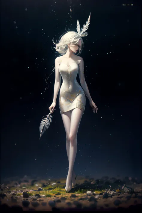 Ultra-detailed concept art, (beautiful girl, alone), Silver Hair, Beautiful Blue Eyes, wearing an intricate white dress adorned with feather, diamond, pearl, race, and Crystal. Flared sleeves, She is surrounded by a gorgeous pattern of black leaves., feath...