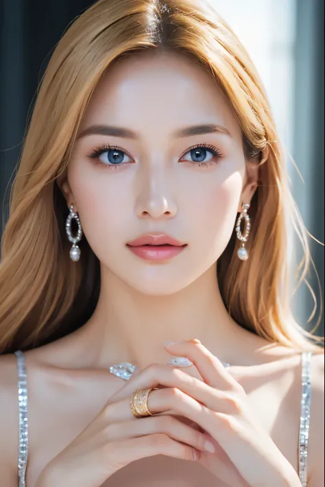 8k, Caucasian woman, beautiful straight shiny blonde hair, most divine pretty face in the world, ((delicate, beautiful and very gorgeous dress made of gold, silver and georgette)), super high quality, from the chest up, ((hands together at the chest in a g...