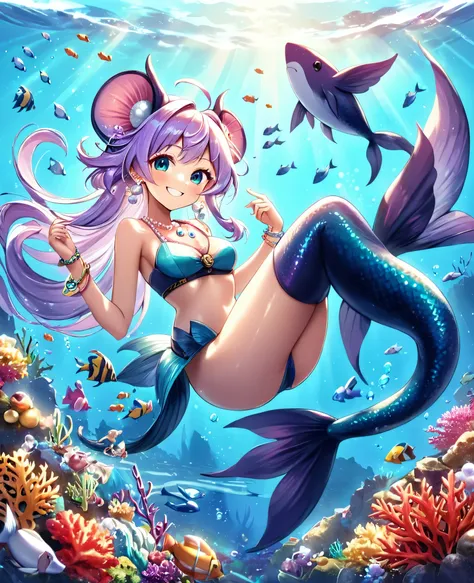 Highly detailed, masterpiece, high quality, pretty anthropomorphic mouse girl magically transformed into a mermaid, fantasy, race change, smiling, anime style, mouse ears, long mermaid tail below waistline, pelvic and dorsal fins, a pair of fish gills on h...