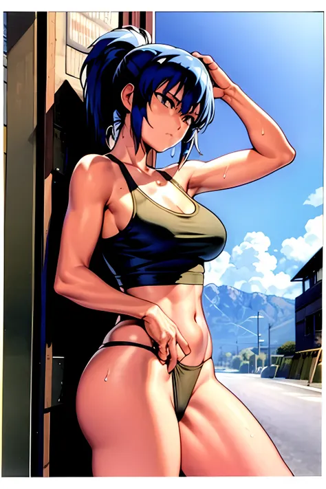 masterpiece, best quality, anime 1990s (style, leona heidern, transparent tank top, thong, desert, army, cammo. pony tail, wet, serious, soldier.