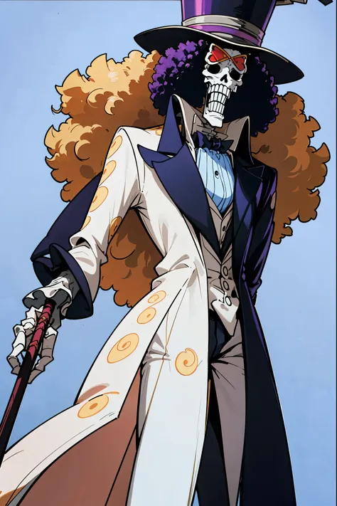 brook from one piece, man, skeleton. Brook is an extremely tall skeleton dressed in formal attire complete with top hat and cane. Standing at 266 cm in height. Despite having no skin, he still has an afro.