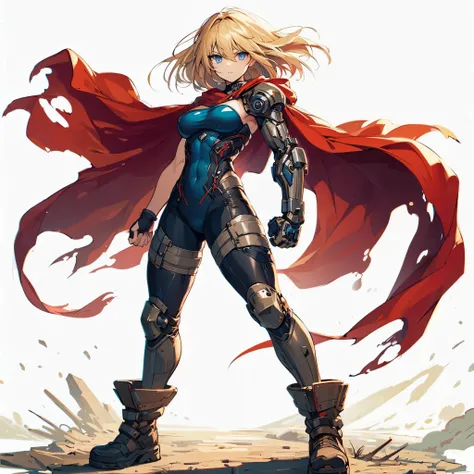 (masterpiece, Best Quality), (detailed hairs), Ultra-detailed, Anime style, Full body, Solo, Cyberpunk martial arts girl, blonde hair, blue eyes, wrestler costume, folded arms, heroic stance, red cape fluttering in the wind, wearing long boots, ultra-massi...