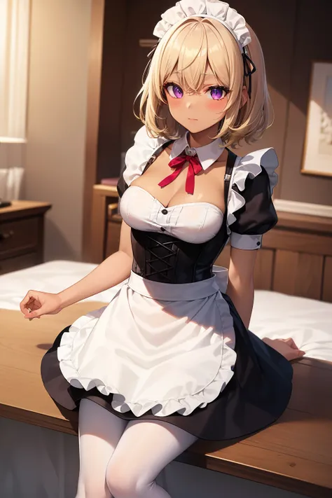 (Tabletop, highest quality, Super detailed), One Girl, Purple eyes, Blonde Hair, Dark Skin, Short Hair、Perm Hair、((White Pantyhose))、(Bedroom)、((Maid clothes))、mini skirt、corset