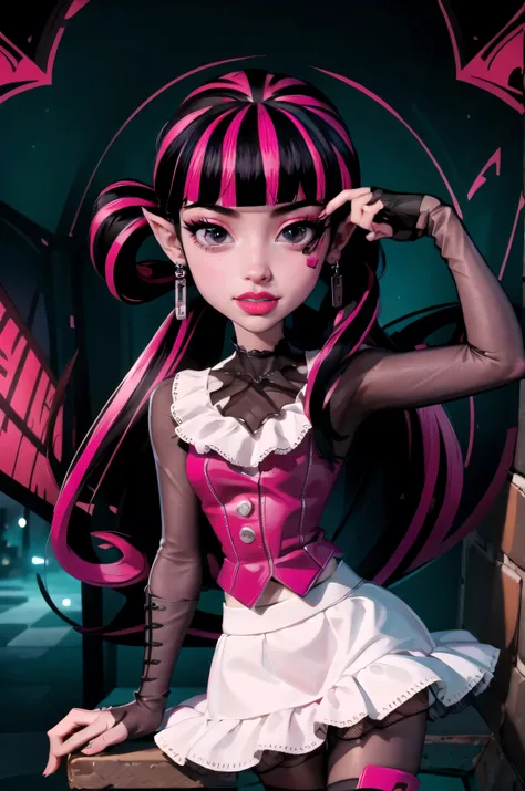 1girl, centered, a girl with bat wings, award winning upper body portrait, cowboy shot, (looking at viewer:1.2), |
Draculaura_MH, solo, black hair, pink hair, multicolored hair, pointy ears, white skirt, pink knee boots, smiling, contrapposto,
| city, urb...
