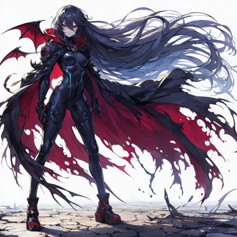 (masterpiece, Best Quality), (detailed hairs), Ultra-detailed, Anime style, Full body, Solo, Cyberpunk martial arts girl, shadow hair, red eyes, night-blue wrestler costume, skull-face helmet and bats wing ear, folded arms, red cape fluttering in the wind,...