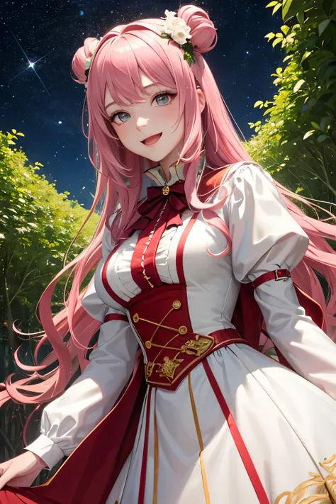 A young anime-style Caucasian woman, wavy long pink hair wearing an ornate, red and white fantasy costume and a high collar. She has a happy expression on her face and is set against a dark, starry background,  surrounded by lush green foliage and flowers