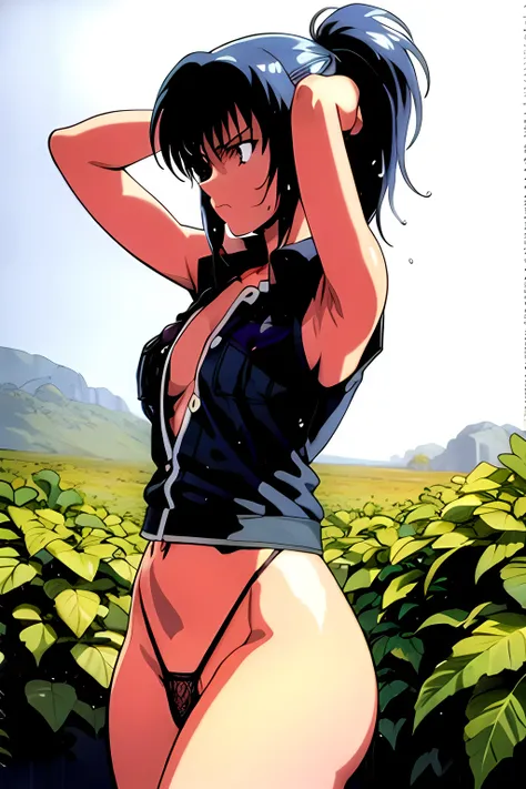 masterpiece, best quality, anime 1990s (style, leona heidern, naked, fully open vest, thong, desert, army, cammo. pony tail, wet, serious, soldier.