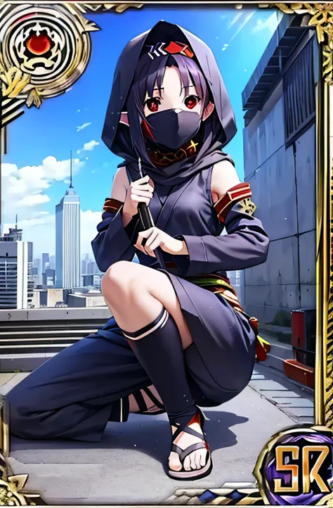 yuukikonno, Yuki Kono, poetry bond, long hair, pointy ears, Purple hair, (Red eyes:1.5), (Small breasts:1.2),Hooded,Cover your mouth with a black scarf,firm,black Ninja uniform,Ninja,black Ninja pants,Short shoes,Tfigure action,View of the city from the ro...