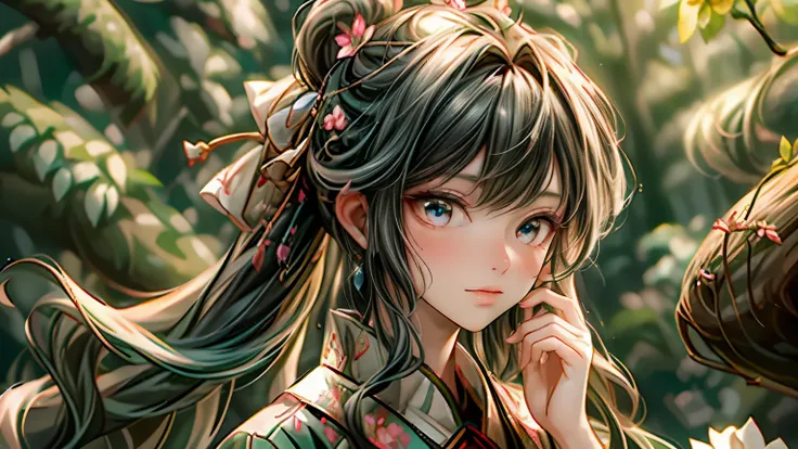 (best quality,8K,CG),detail upper body,lonesome girl,floral dress,forest background,detailed facial features,elegant long hair,almond-shaped eyes,detailed eye makeup,long fluttering eyelashes,blinking big eyes,twinkling stars,complex lip details,soft style...