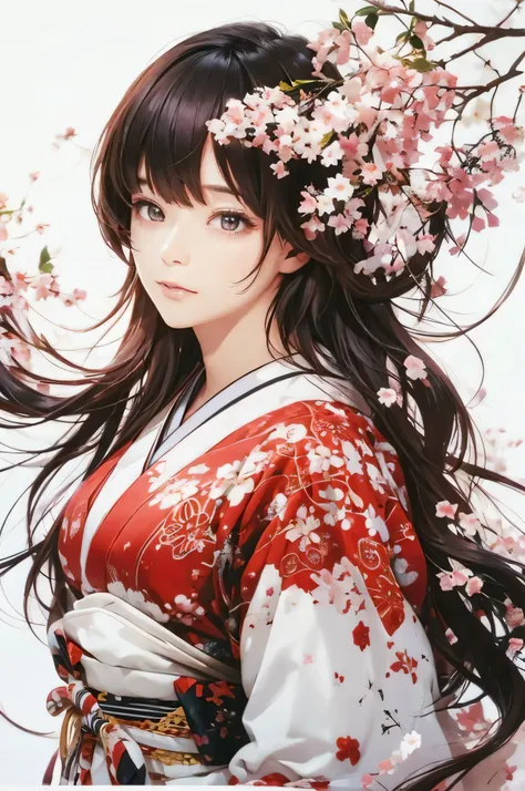 (((White Background、White world)))、14 years、unity 8k wallpaper、Very detailed、beautifully、beautiful、masterpiece、highest quality、(Zentangle、Mandala、Tangle、Tangle)、(Fractal Art:1.3)、One Girl、Beautiful black hair、Japanese、Big pink、red kimono、Japanese clothing、...