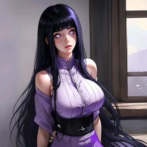 hinata hyuga, the last, shy girl, long black hair, blunt bangs, dark hair, voluminous hair, lavender eyes, no pupils, lavender s...