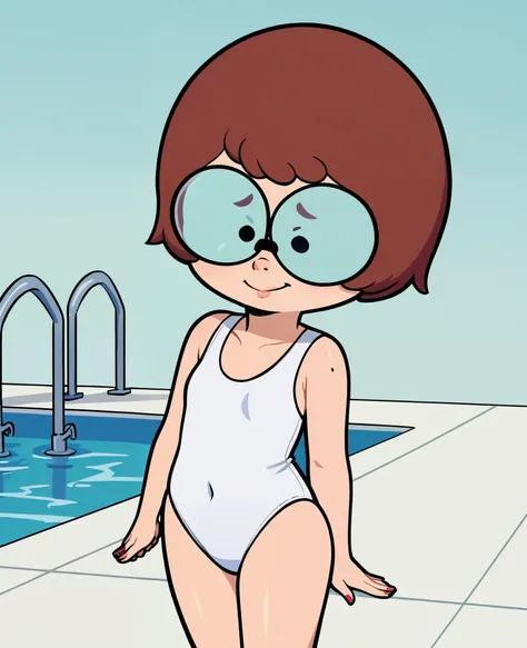 score_8, score_9, solo, velma, short hair, red hair, glasses, white swimsuit, in school pool,