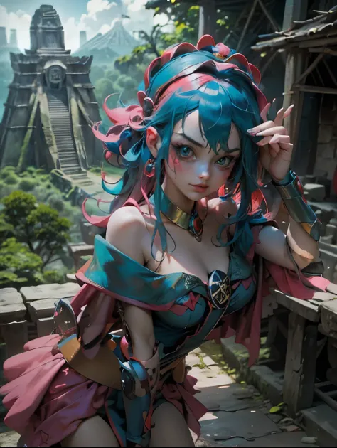 Hermosa y sensual dark magician gils vestida como Harley Quinn. pelo rojo y azul. Labios rojos. Ojos azules. Fondo de ruinas MAYAS De TIKAL. en medio de la selva . Ruina maya de Tikal. Pose amistosa. Ella se esta tomando una selfies. Posa para selfies 