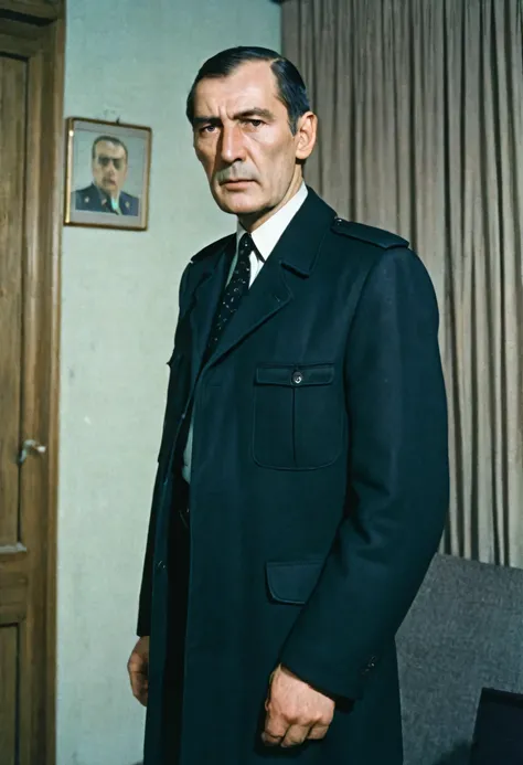 color photo, investigator at the USSR Ministry of Internal Affairs in 1980. Tall man with a serious face. Clean-shaven, neat. Wearing a black jacket