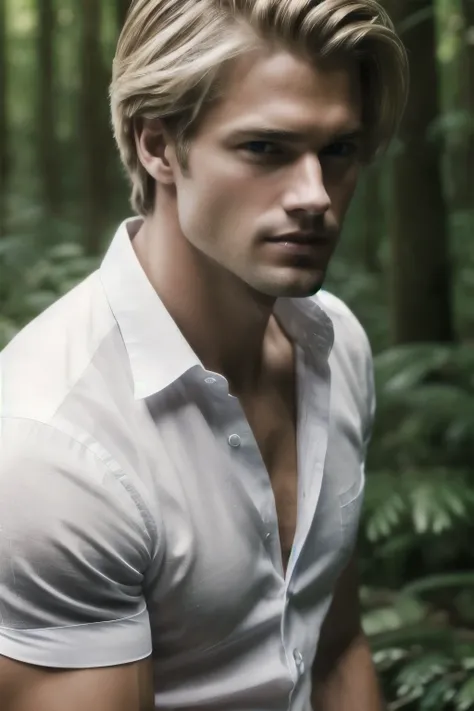 A 28-year-old blond man, with sun-kissed hair and prominent jawline, undergoes a professional photoshoot. The high-quality images, captured in a lush forest, showcase his chiseled features and toned physique. Dressed in a simple white linen shirt, opening ...