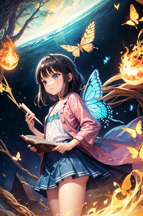 as a kids, girl reading book with backgroundd universes and butterfly, with stars and fire and cute