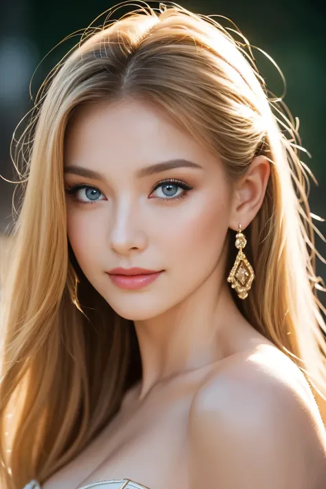 , 25 years, delicate, Contour Powder, sexy, Dressed as an Amazon warrior, Intricate details, French Touch, Medium length hair, Blonde, blue eyes, Romantic smile, Captivating look, Good coverage, De Nuits, Illuminated by the photographer&#39;s flash, Skin D...