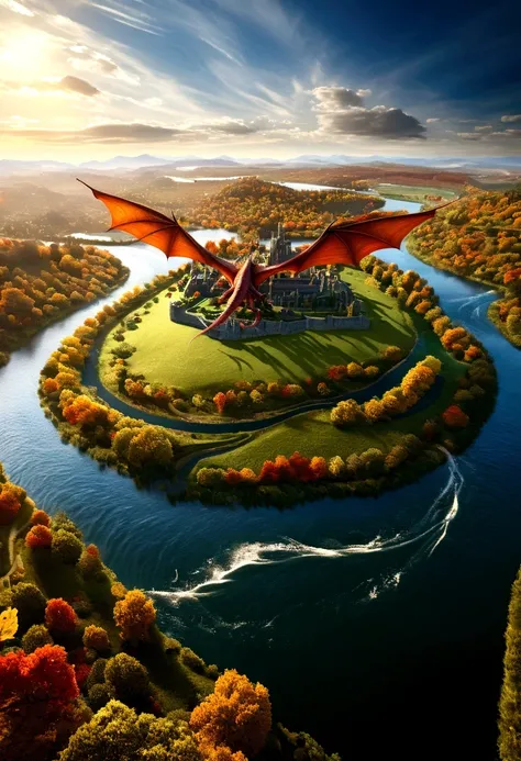 ((picture taken  from the back of dragon: 1.5)), arafed, a picture of a dragon flying above a river, its shadow is cast on the water dragon wings spread wide, dynamic color dragon, you see the back of the dragon, its majestic wings, its tail and river it i...