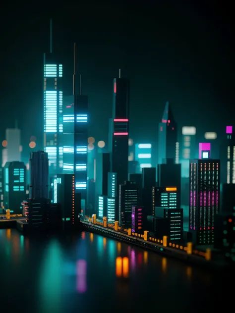 close up of a cyberpunk city made from ral polygon, medium contrast, fotografia tilt-shift 8k
