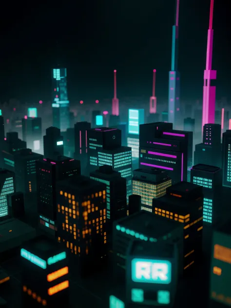 close up of a cyberpunk city made from ral polygon, fotografia tilt-shift